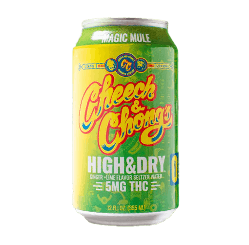A can of High & Dry THC Seltzer in the Magic Mule flavor from Cheech & Chong. A lime green and yellow can against a white background.